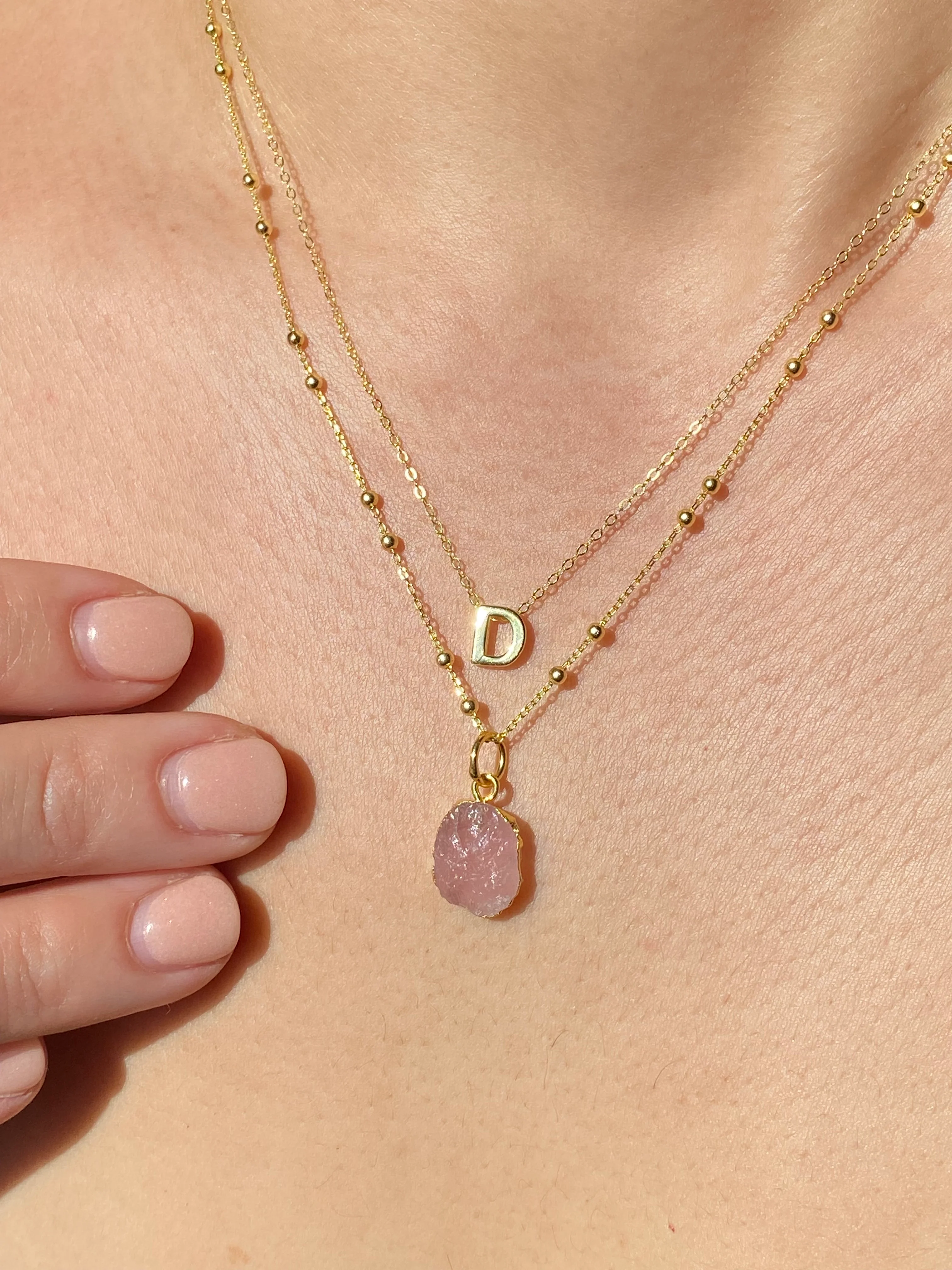 Initial & Rose Quartz Necklace Set | October Birthstone