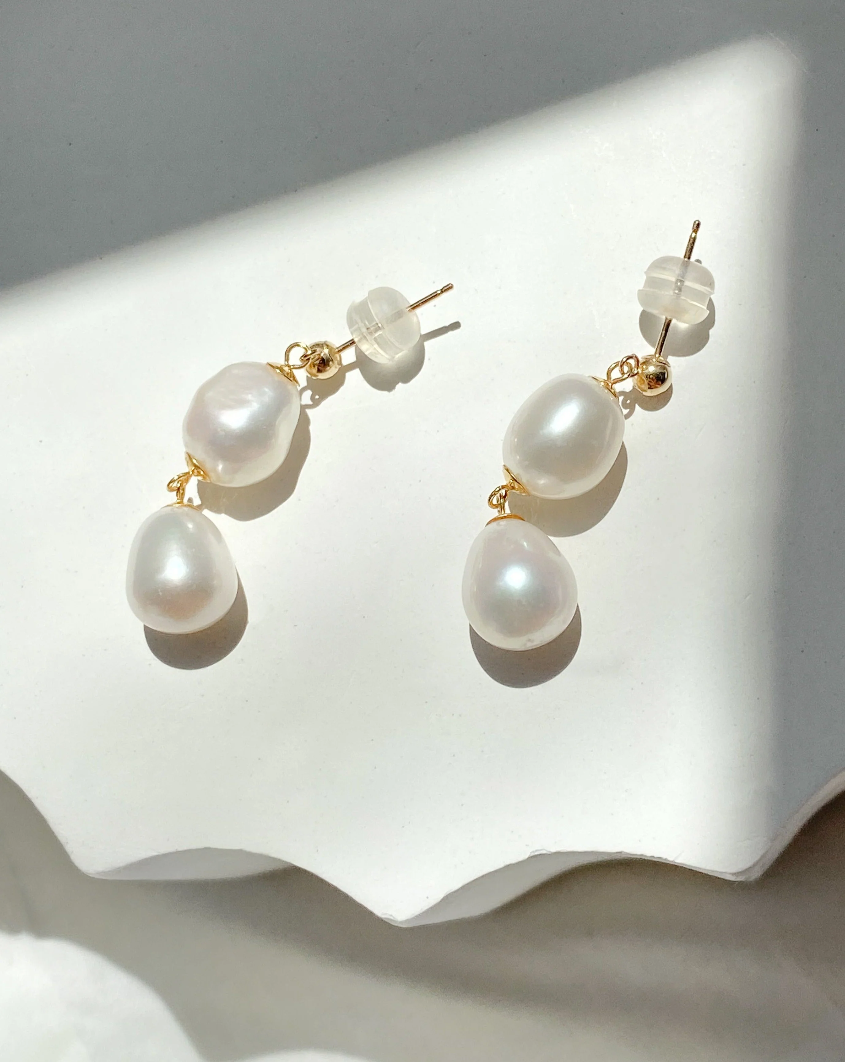 Elisse Double Pearl Studs | Solid Gold