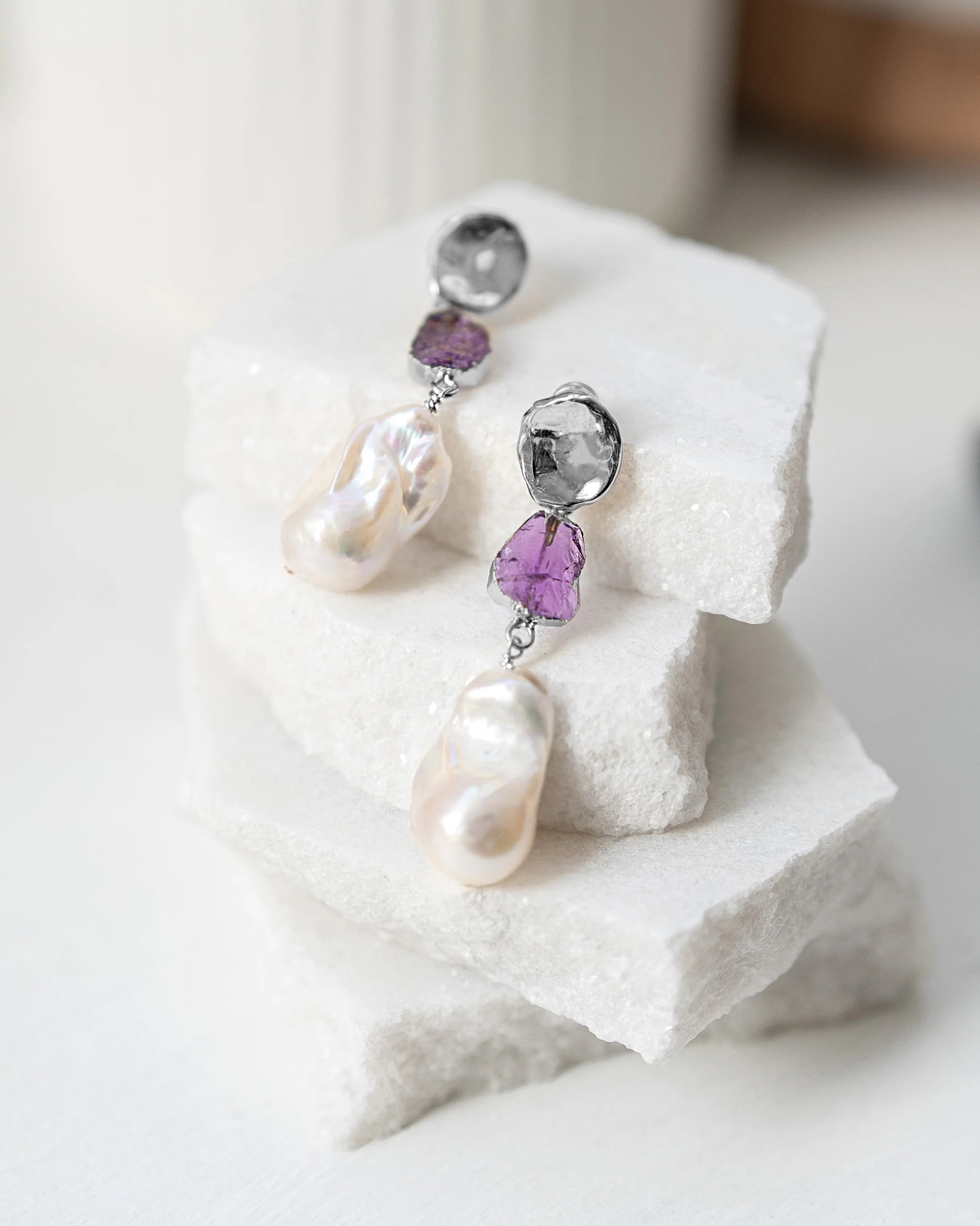 February Birthstone | Amethyst Birthstones x Pearls Earrings - Image 6